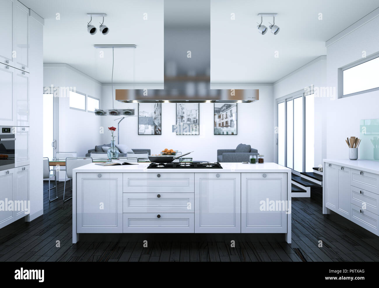 White modern kitchen interior design illustration Stock Photo - Alamy