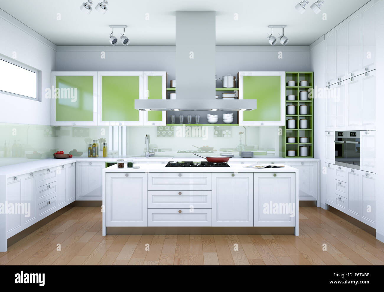 White modern kitchen interior design illustration Stock Photo - Alamy