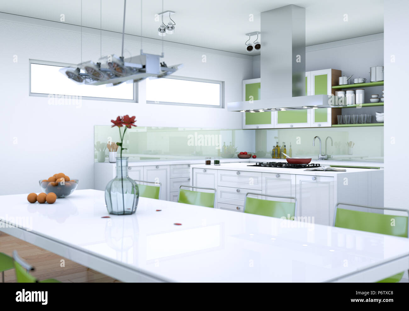 White modern kitchen interior design illustration Stock Photo - Alamy