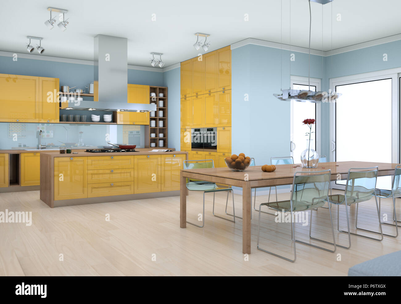 Yellow modern kitchen interior design illustration Stock Photo - Alamy