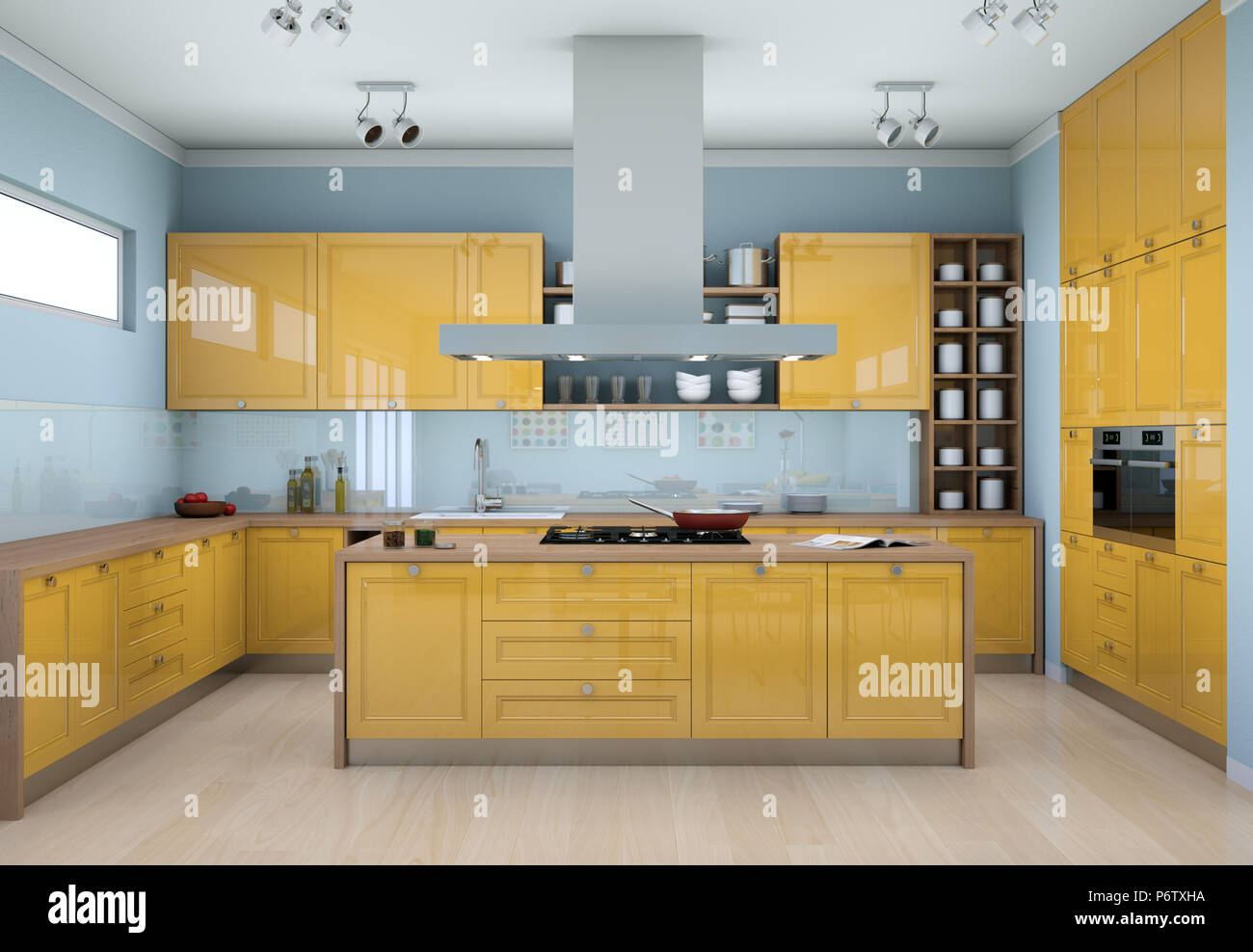 Yellow modern kitchen interior design illustration Stock Photo - Alamy