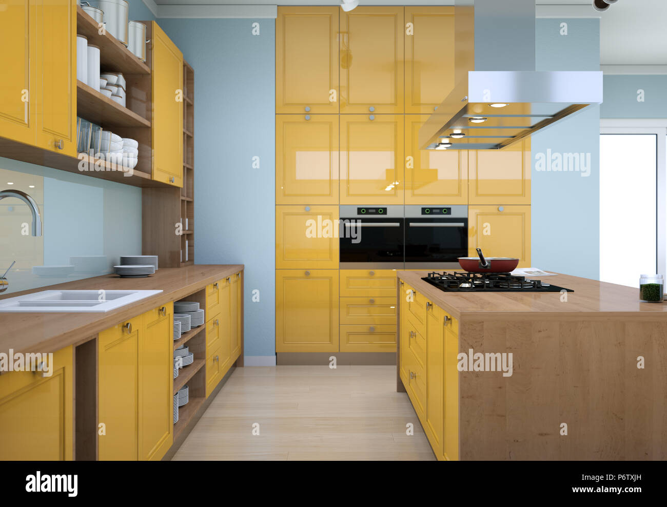 Yellow modern kitchen interior design illustration Stock Photo - Alamy