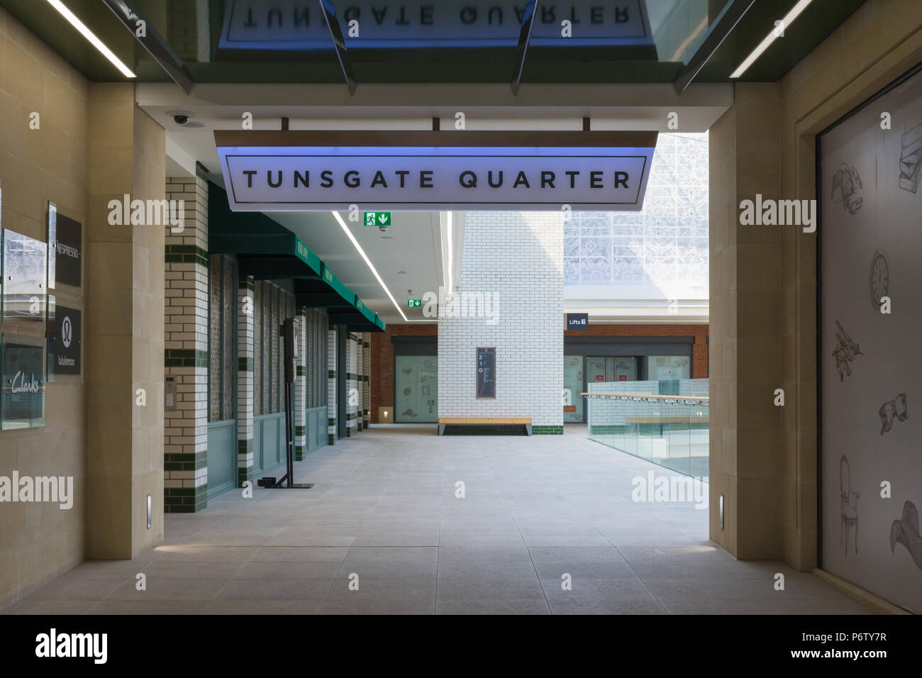 Entrance to the revamped Tunsgate Quarter shopping mall in Guidford town centre, Surrey, UK Stock Photo