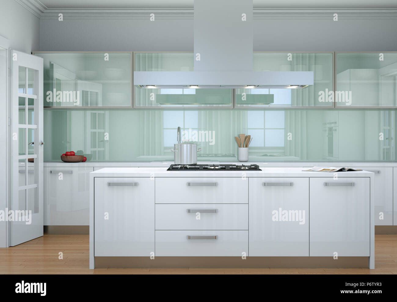 White modern kitchen interior design illustration Stock Photo - Alamy
