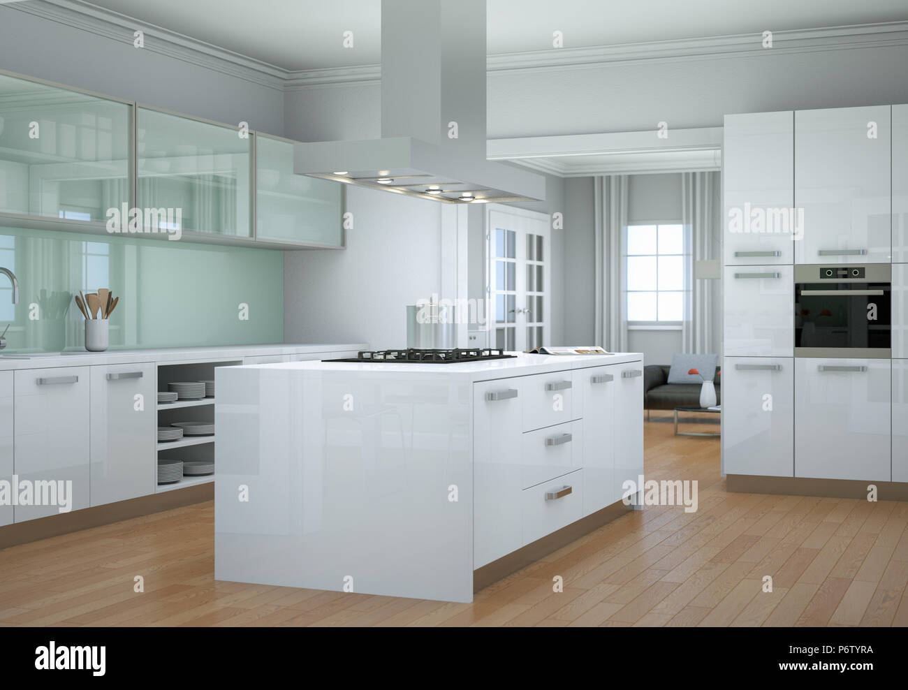 White modern kitchen interior design illustration Stock Photo - Alamy
