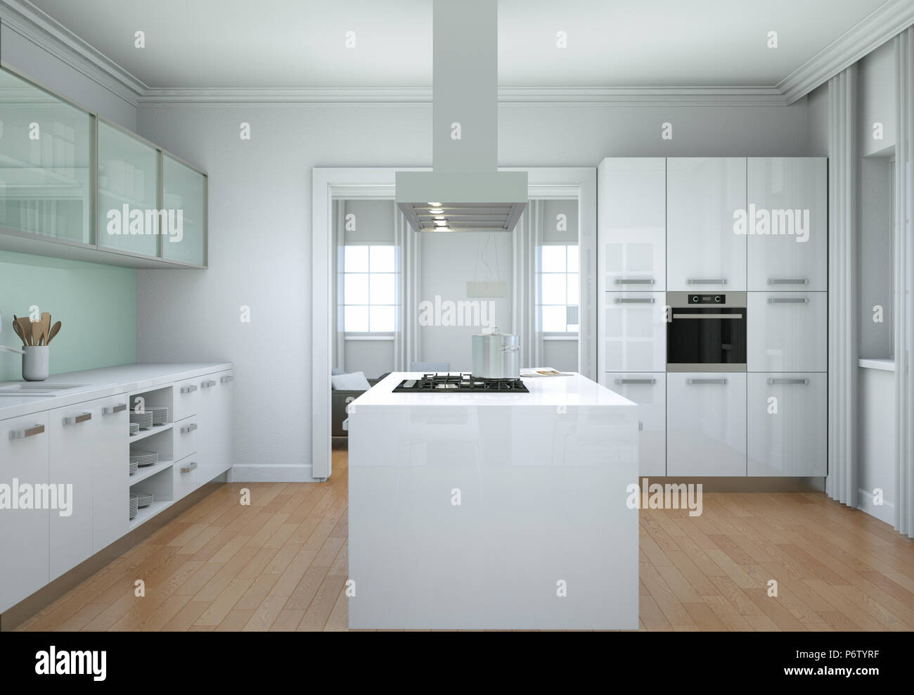 White modern kitchen interior design illustration Stock Photo - Alamy
