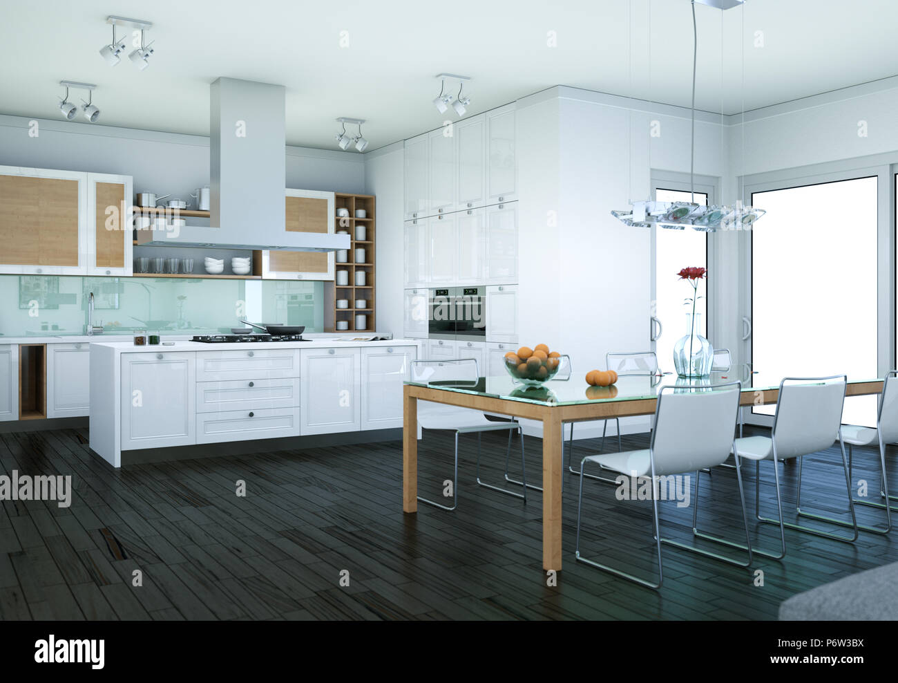 White modern kitchen interior design illustration Stock Photo - Alamy