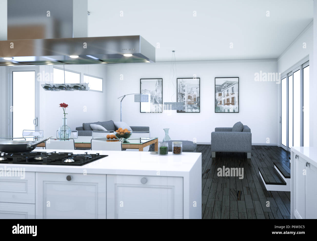 White modern kitchen interior design illustration Stock Photo - Alamy