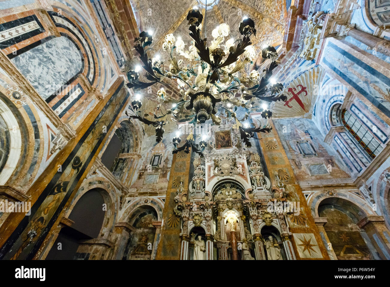 Santiago de Compostela, Spain - MAY 14, 2016: Cathedral  church inside interior ceiling view. Building in 12-18th-century. Stock Photo
