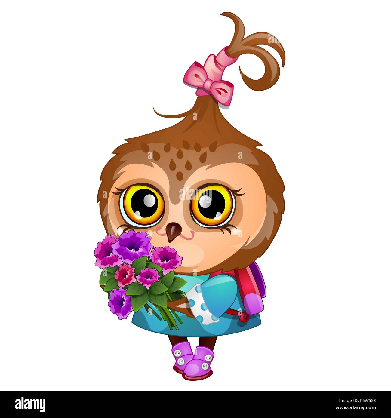 Cute owl holding the wing of a bouquet of flowers isolated on white ...