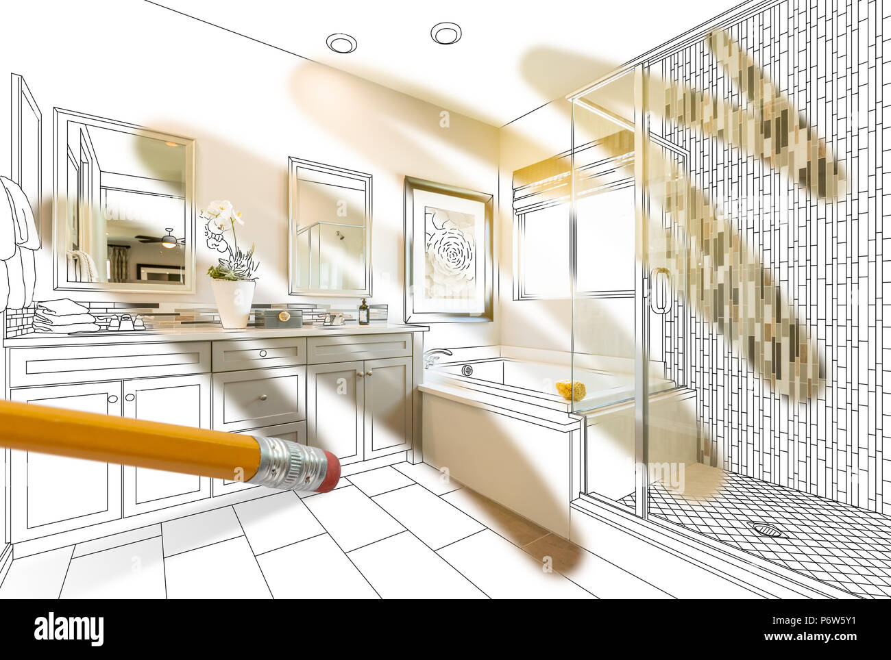 Pencil Erasing Drawing To Reveal Finished Custom Bathroom Design Photograph Stock Photo