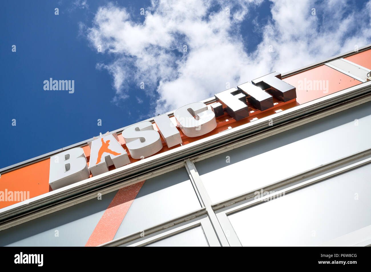 Basic-Fit sign at fitness club Stock Photo