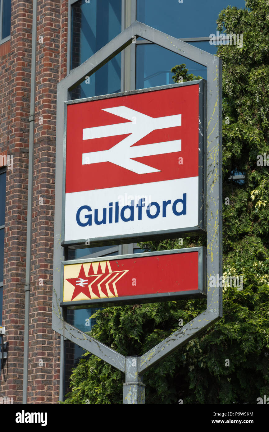 Sign outside Guildford Railway Station, Surrey, UK Stock Photo