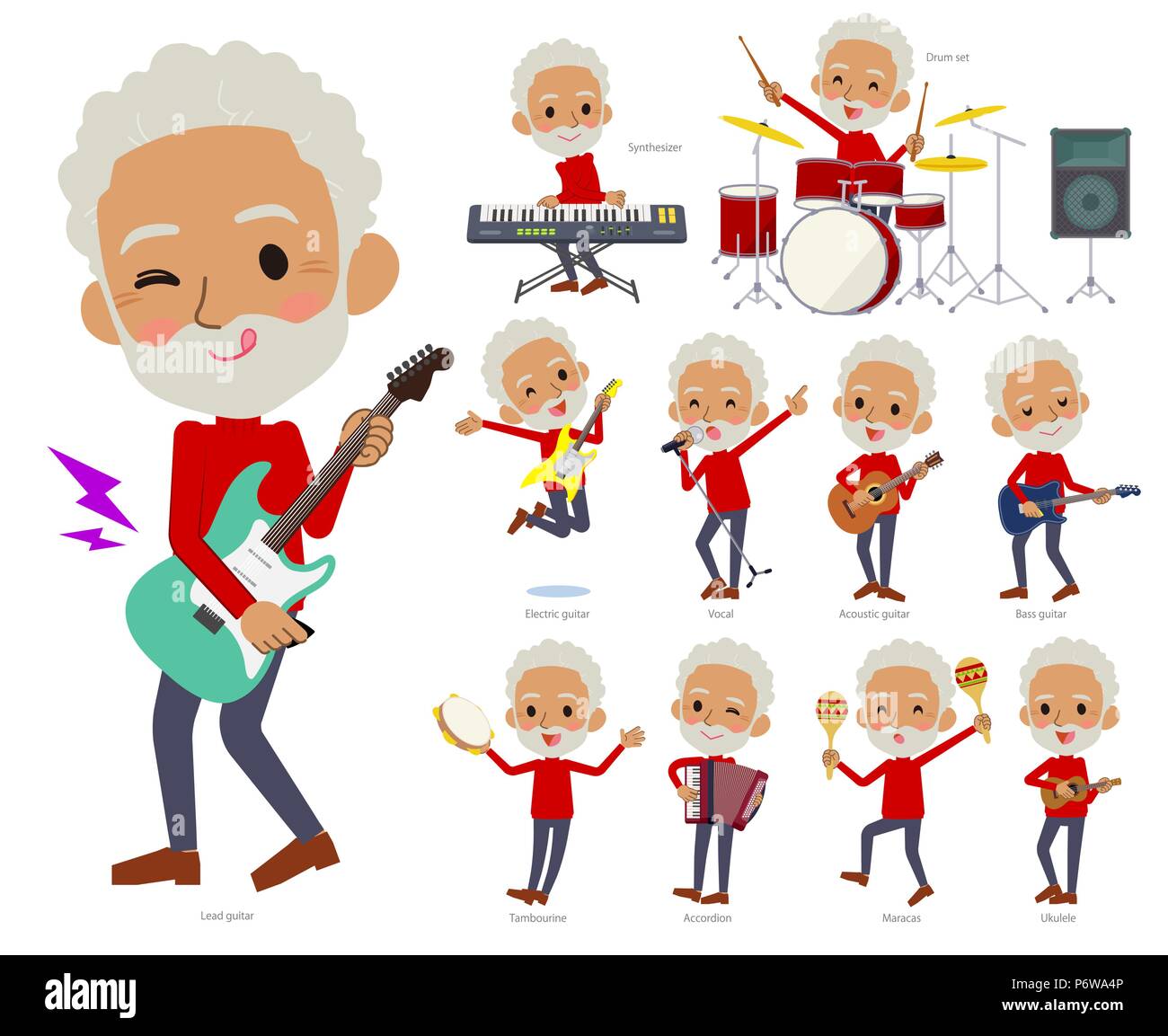 A set of old men playing rock 'n' roll and pop music.There are also various instruments such as ukulele and tambourine.It's vector art so it's easy to Stock Vector