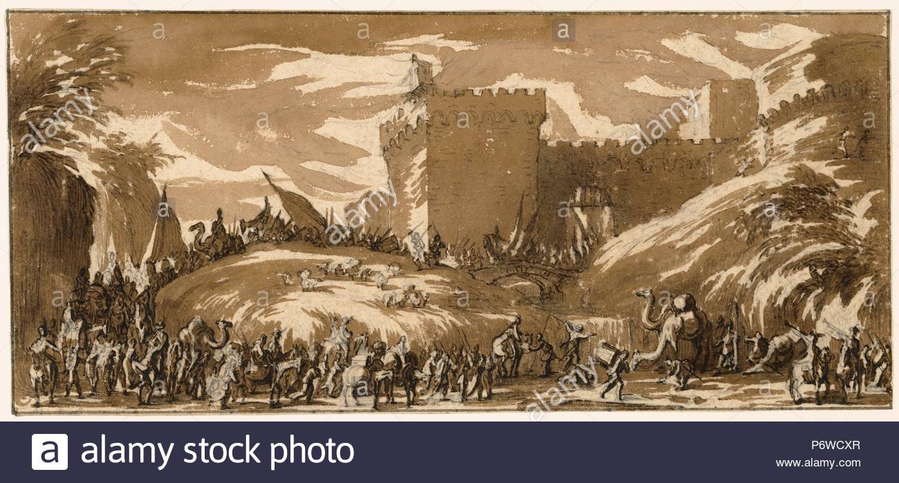 An Army Leaving a Castle; Jacques Callot, French, 1592 - 1635; France, Europe; about 1632; Brush and brown wash over black chalk; 10.2 x 21.7 cm (4 x 8 9/16 ...