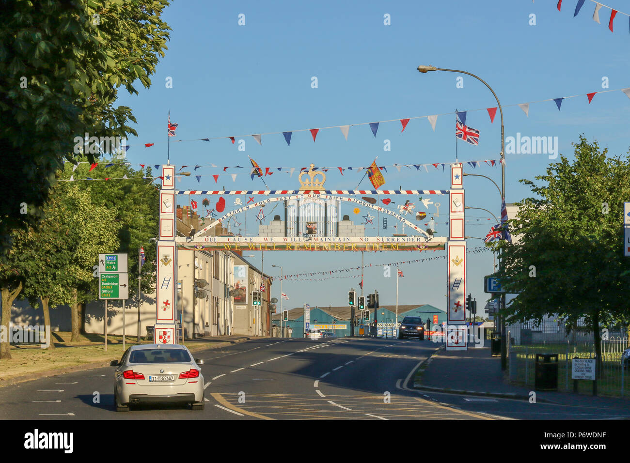 An Orange Arch in Lurgan, County Armagh ahead of  the annual 'Twelfth of July' commemorations to mark The Battle of the Boyne.. Stock Photo