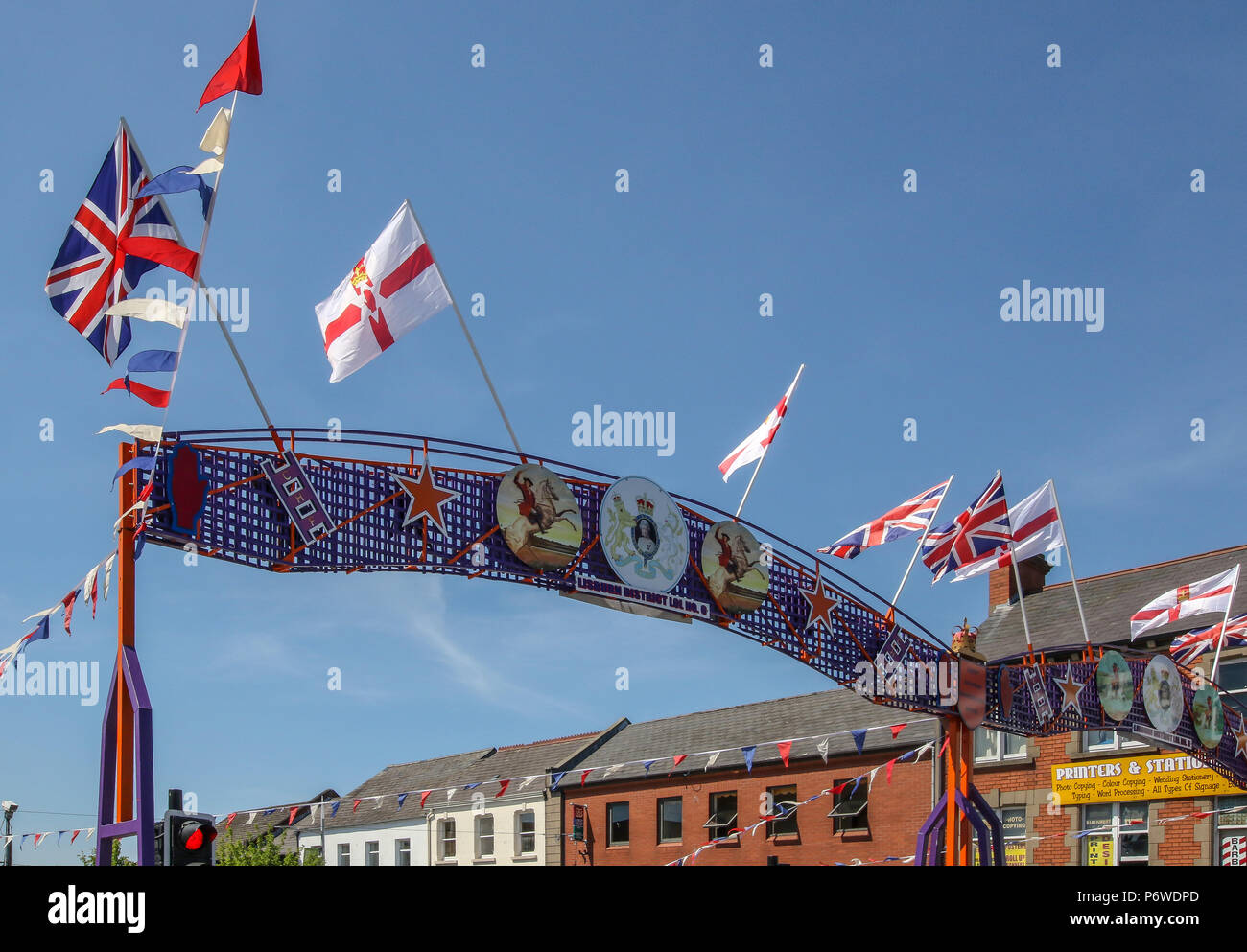 An Orange Arch in Lisburn, County Antrim ahead of  the annual 'Twelfth of July' commemorations to mark The Battle of the Boyne. Stock Photo
