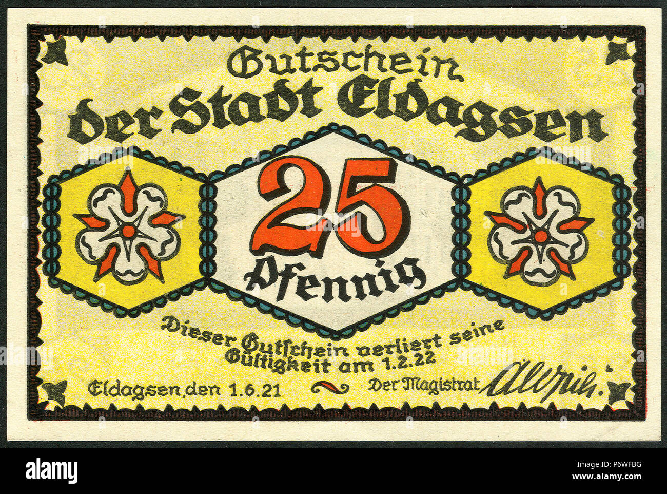 1921-06-01 Gutschein der Stadt Eldagsen, 0,25 Mark 25 Pfennig, gültig bis 1. Februar 1922, a, faksimilierte Unterschrift der Magistrat. Stock Photo