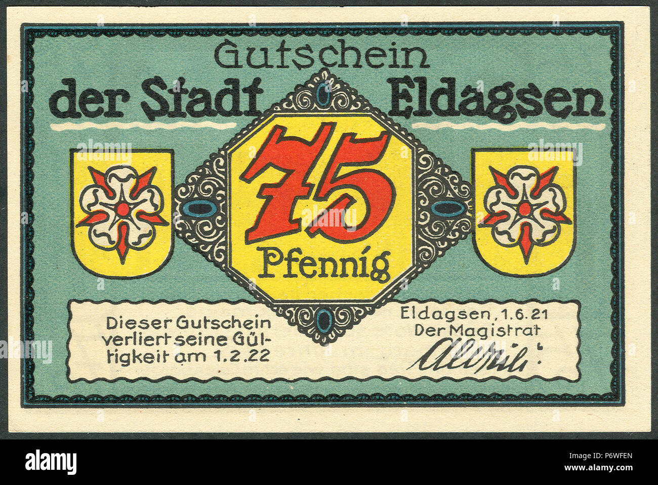 1921-06-01 Gutschein der Stadt Eldagsen, 0,75 Mark 75 Pfennig, gültig bis 1. Februar 1922, a, faksimilierte Unterschrift der Magistrat. Stock Photo