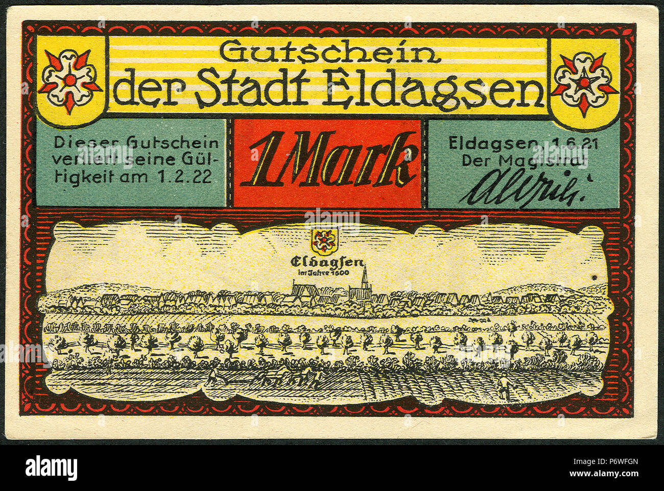 1921-06-01 Gutschein der Stadt Eldagsen, 1Mark, gültig bis 1. Februar 1922, c, faksimilierte Unterschrift der Magistrat, Merian-Stich um 1600. Stock Photo