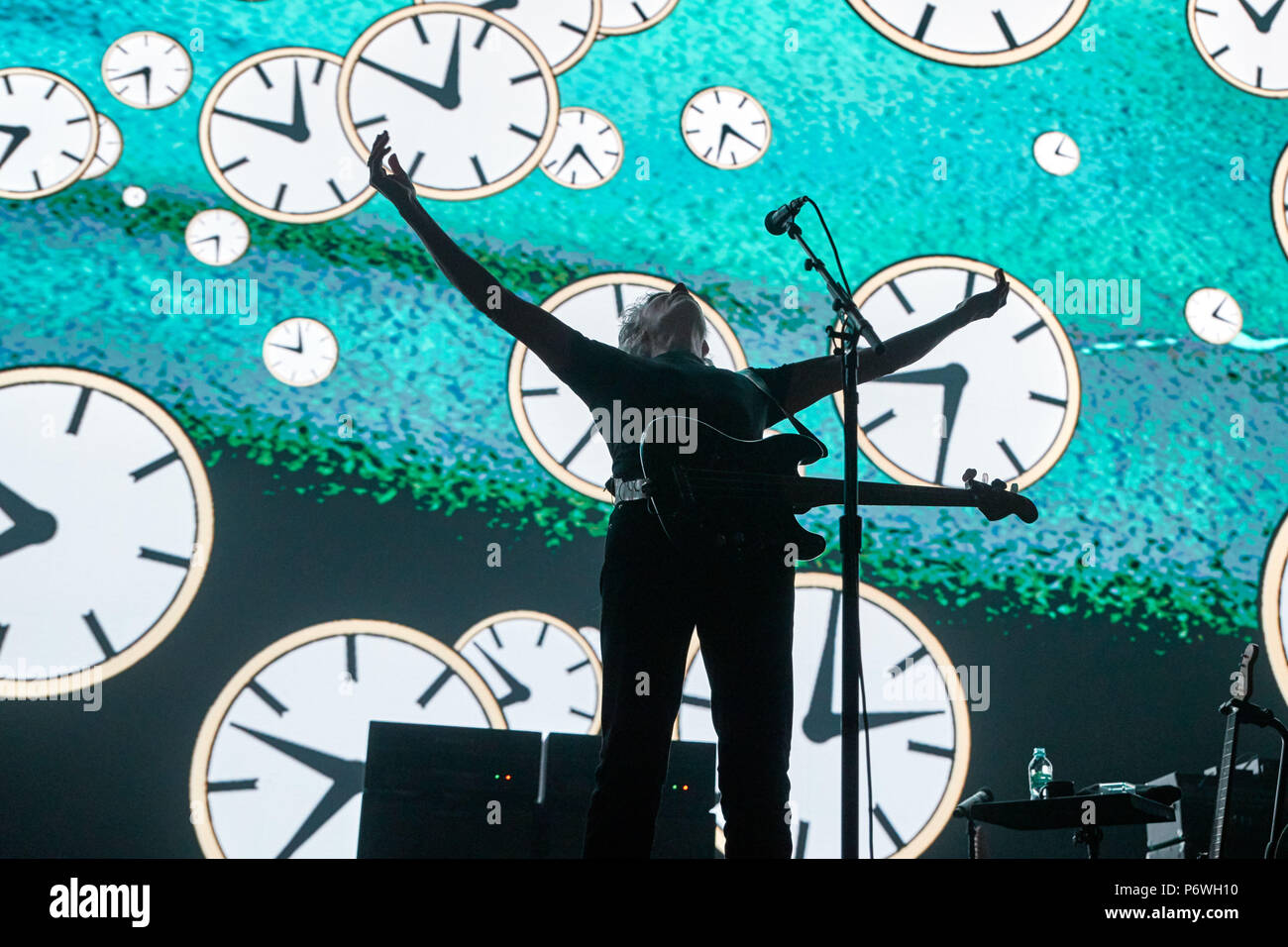 Liverpool, UK. July 2, 2018 - Pink Floyd legend Roger Wates, Live At  Liverpool Echo Arena, UK as part of his ' Us Them Tour performing songs  from Pink Floyd's 'The Dark