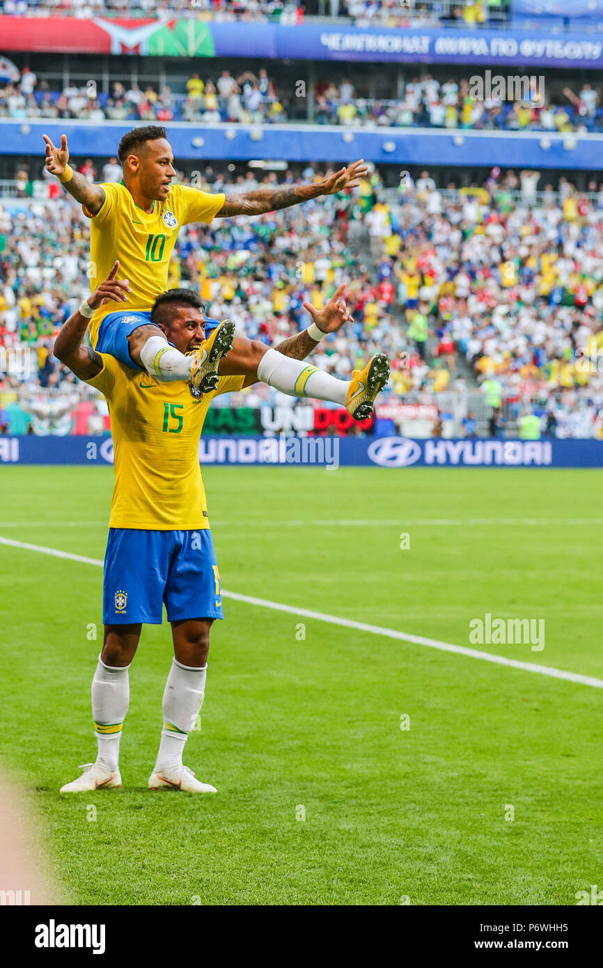 Samara, Russia. 2nd July, 2018. Neymar and Paulinho of Brazil during match against Mexico game valid for the eighth round of finals of the 2014 FIFA World Cup Russia at the Samara Arena in the city of Samara in Russia this Monday, 02.  Photo William Volcov Credit: Brazil Photo Press/Alamy Live News Stock Photo