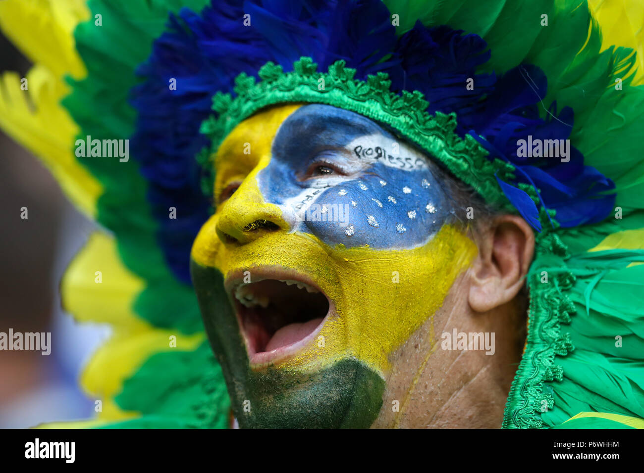 Samara, Russia. 2nd July, 2018. Fan of Brazil during match against Mexico game valid for the eighth round of finals of the 2014 FIFA World Cup Russia at the Samara Arena in the city of Samara in Russia this Monday, 02.  Photo William Volcov Credit: Brazil Photo Press/Alamy Live News Stock Photo