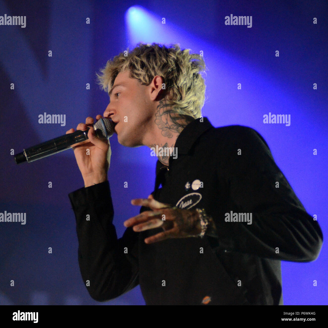 Milwaukee, Wisconsin, USA. 1st July, 2018. Lead singer Jesse Rutherford of  the band The Neighbourhood performs live at Henry Maier Festival Park  during Summerfest in Milwaukee, Wisconsin. Ricky Bassman/Cal Sport  Media/Alamy Live
