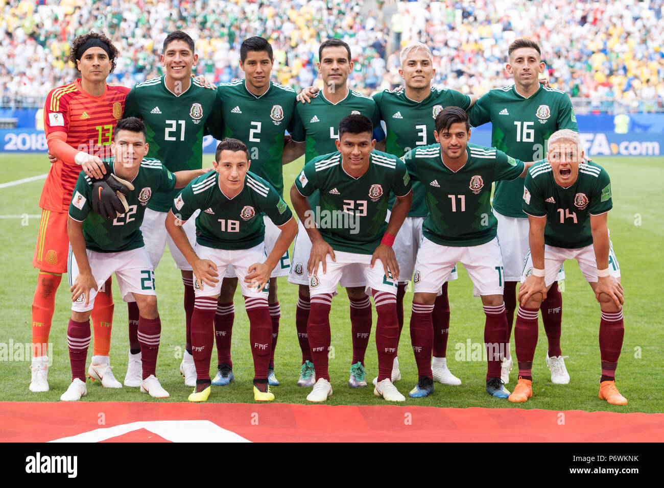 ORleft to right goalkeeper Guillermo OCHOA (MEX), Edson ALVAREZ (MEX), Hugo AYALA (MEX), Rafael MARQUEZ (MEX), Carlos SALCEDO (MEX), Hector HERRERA (MEX), uRleft to right Hirving LOZANO (MEX), Andres GUARDADO (MEX), Jesus GALLARDO (MEX), Carlos VELA (MEX), Javier HERNANDEZ (MEX), Team Photo, Group Picture, Team Photo, Team Picture, Full Figure, Landscape, Brazil (BRA) - Mexico (RUS) 2: 0, Round of 16, Game 53, on 02.07.2018 in Samara; Football World Cup 2018 in Russia from 14.06. - 15.07.2018. | usage worldwide Stock Photo