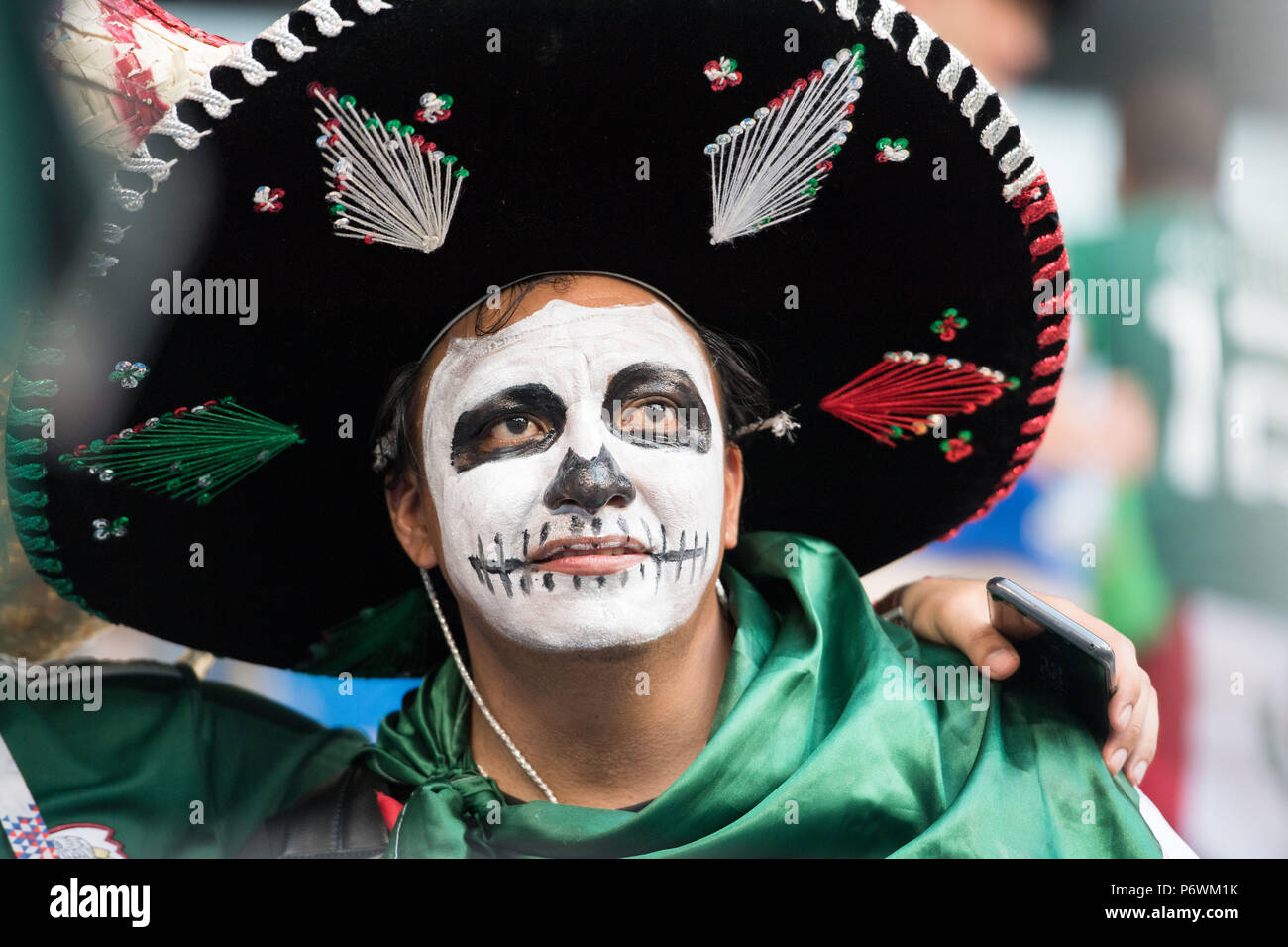 Samara, Russland. 02nd July, 2018. A mexican fan is disappointed, showered,  uggs, disappointment, sad, frustrated, frustrated, gefustratedet, bust,  fan, fans, spectators, supporters, supporters, brazil (BRA) - Mexico (RUS)  2: 0, eighth-final, match