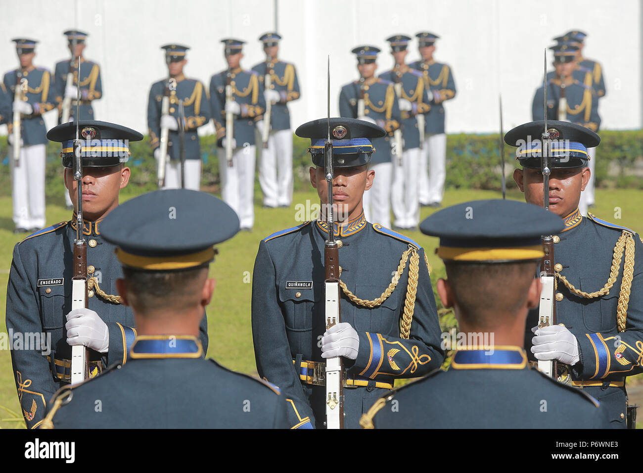 (180703) PASAY CITY, July 3, 2018 (Xinhua) Honor guards stand in