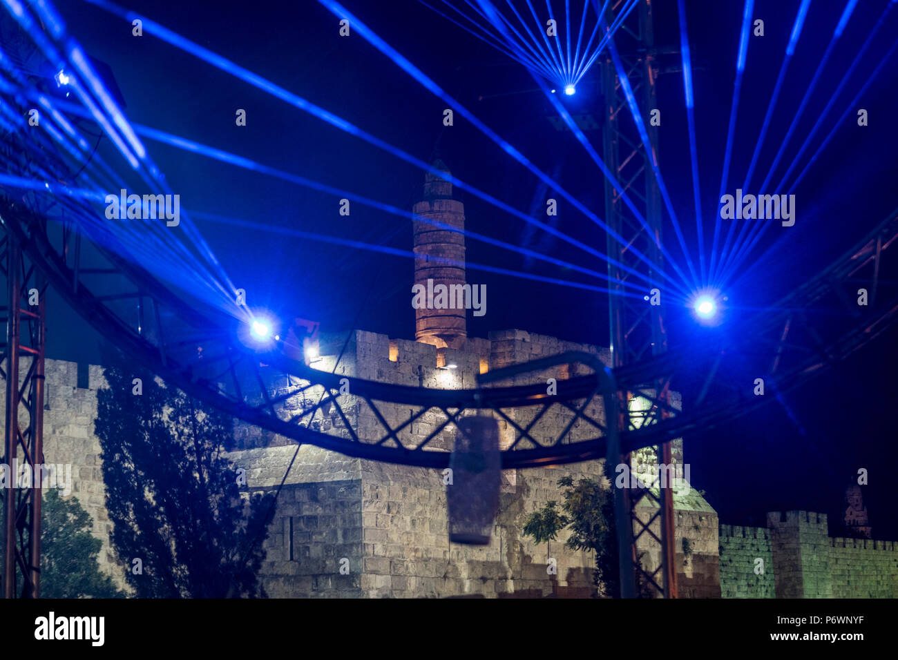 Jerusalem, Israel. 2nd July, 2018. The Tower of David in the Old city of Jerusalem with lasers in front of it, during the 2018 Festival of lights. This is the 10th anniversary of the festival, which draws hundreds of thousands of visitors to the old city of Jerusalem. Credit: Yagil Henkin/Alamy Live News Stock Photo