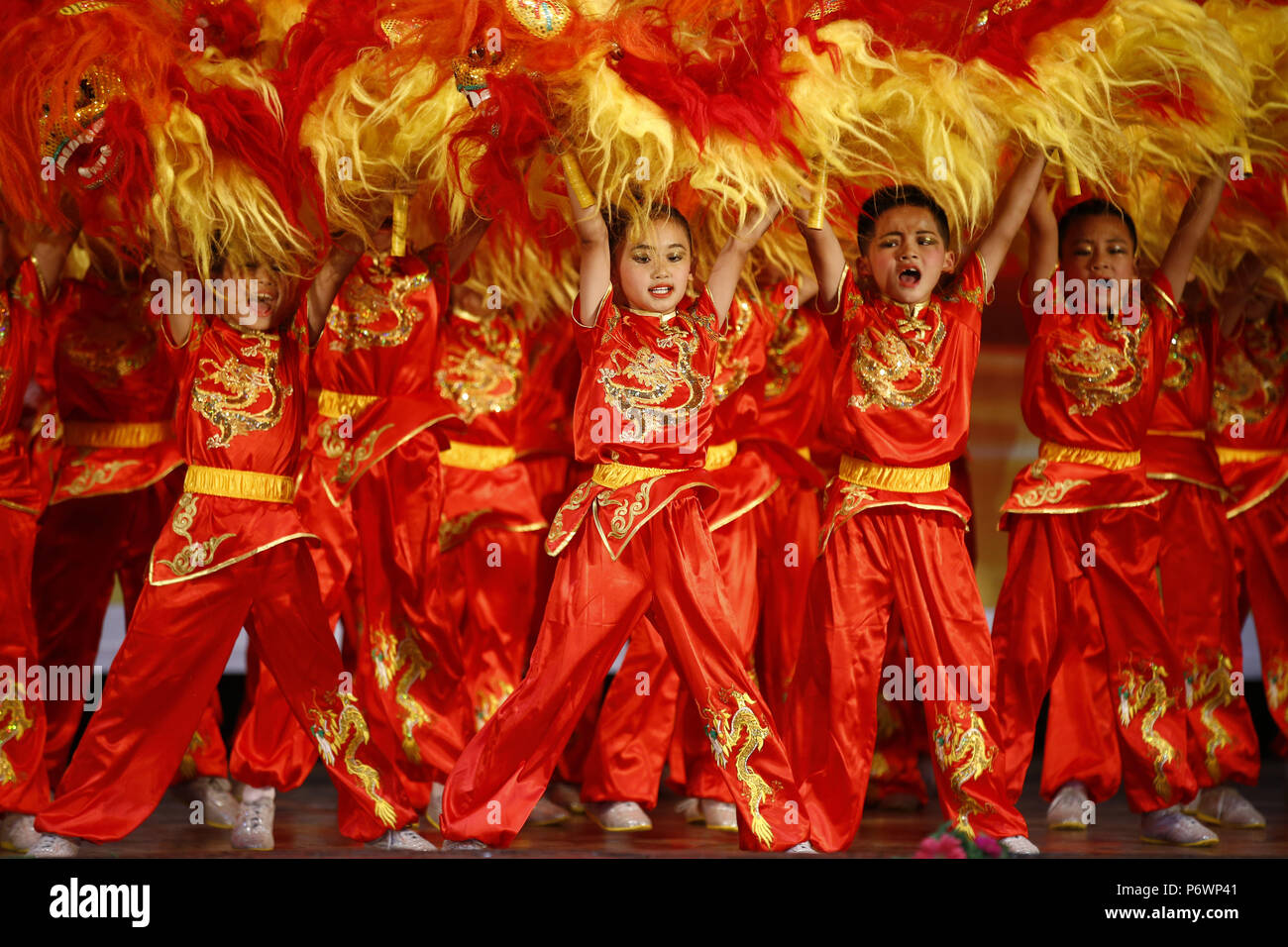 Kathmandu, Nepal. 3rd July, 2018. Young children perform during a Chinese martial arts