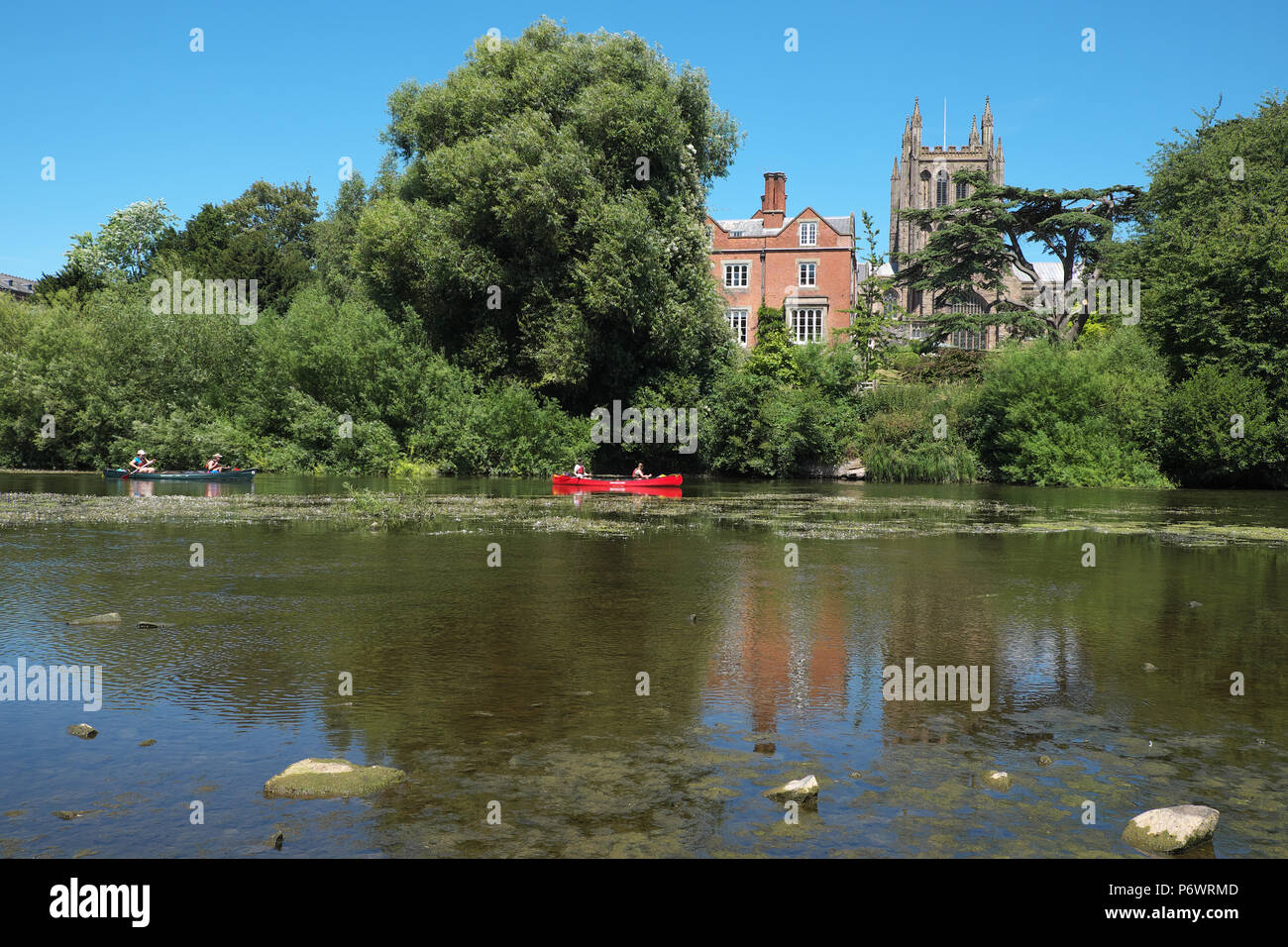River Wye, Hereford, Herefordshire, UK - Tuesday 3rd July 2018 - After weeks of little or no rain the river level of the River Wye as it passes through Hereford was recorded as just 20cm this morning barely enough even for canoes - Photo Steven May / Alamy Live News Stock Photo