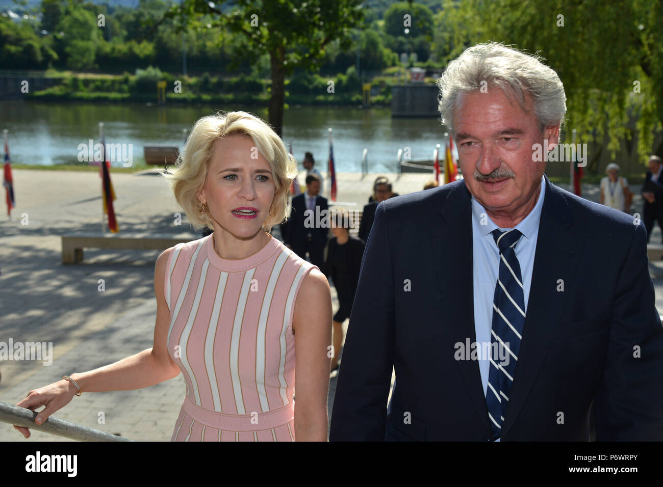 Schengen, Luxembourg. 03rd July, 2018. Liechenstein's Foreign Minister, Aurelia Frick, and Luxembourg's Foreign Minister, Jean Asselborn, speaking at the meeting of Foreign Ministers from German speaking countries. The focus of the meeting is on migration and protection of the Schengen area, the rule of law and the next EU financial framework. Credit: Harald Tittel/dpa/Alamy Live News Stock Photo
