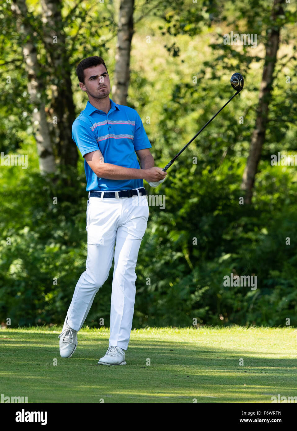 The Notts Golf Club, Nottinghamshire, UK. 3rd July 2018, The Open Qualifier, The Notts Golf Club, Early leader David Hague of Malton and Norton drives at the 8th Credit: David Kissman/Alamy Live News Stock Photo