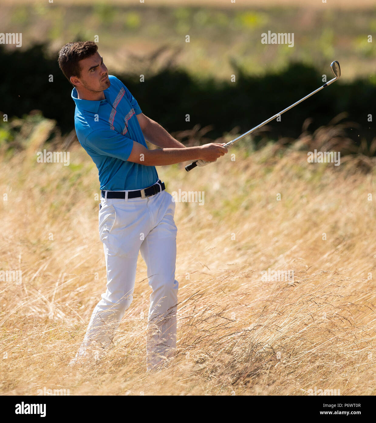 The Notts Golf Club, Nottinghamshire, UK. 3rd July 2018, Open Qualifier, The Notts Golf Club, David Hague of Malton and Norton plays from the rough to the third green Credit: David Kissman/Alamy Live News Stock Photo