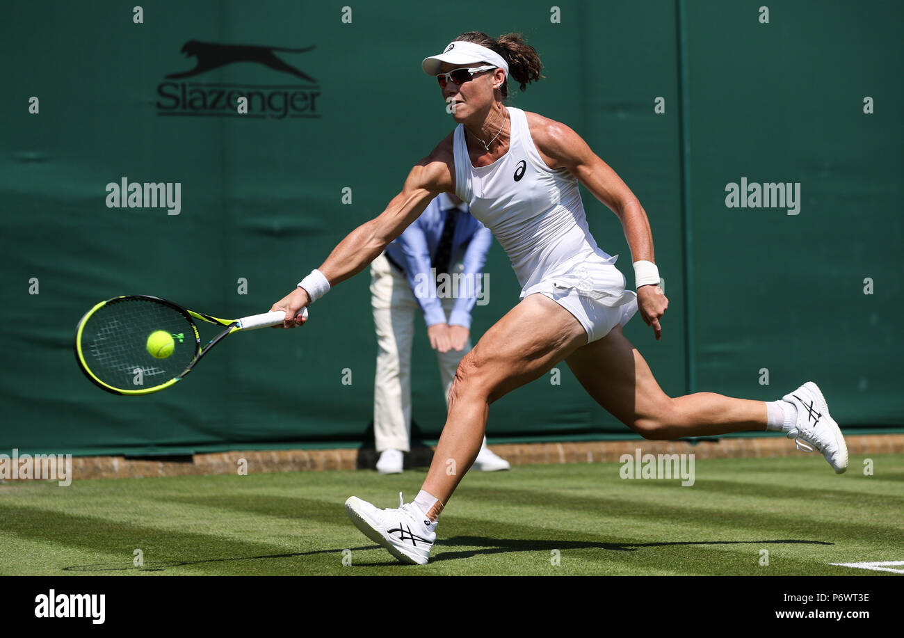 Wimbledon, London, UK. 3rd July, 2018. Samantha Stosur of Australia hits a  return during the women's singles first round match against Peng Shuai of  China at the Championship Wimbledon 2018 in London,