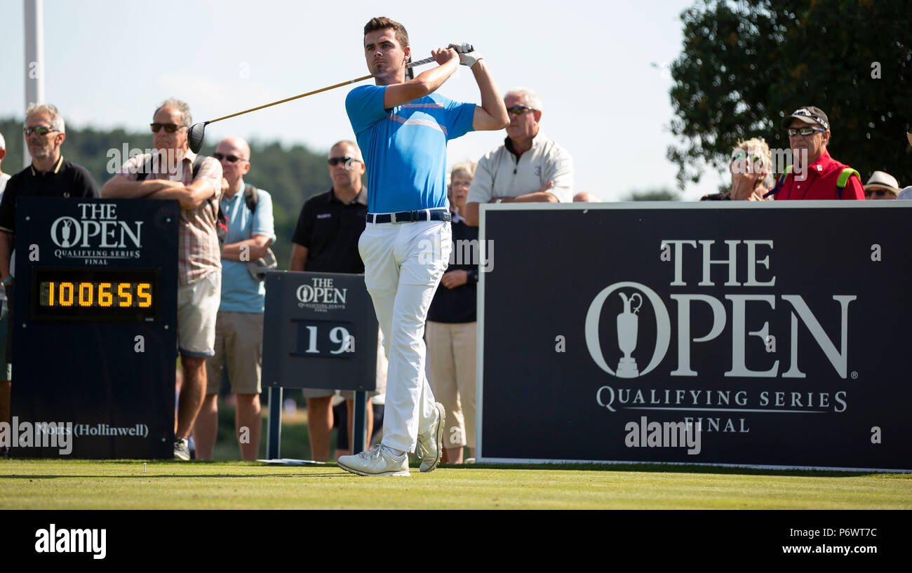 3rd July 2018, Open Qualifier, The Notts Golf Club, Leader at the halfway stage, David Hague drives at the first Stock Photo