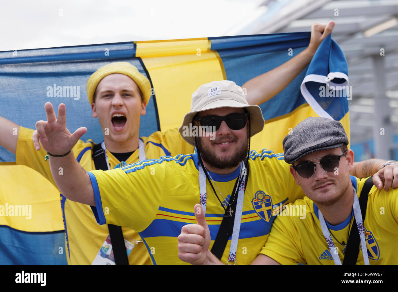 St. Petersburg, Russia, 3rd July, 2018. Swedish football fans before the 1/8 final match of FIFA World Cup Russia 2018 Sweden vs Switzerland Credit: StockphotoVideo/Alamy Live News Stock Photo