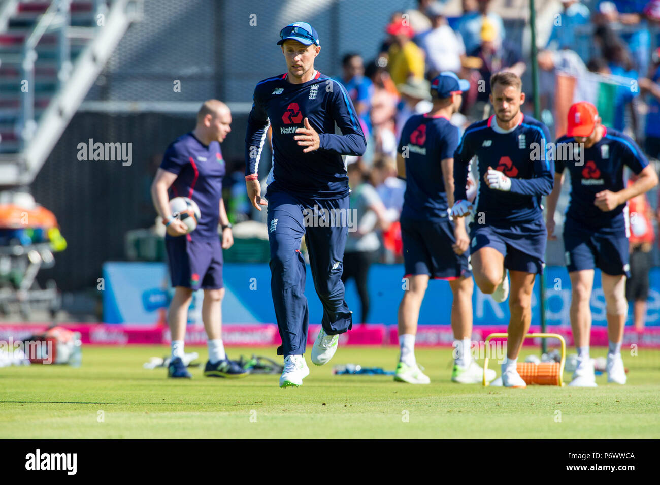 Manchester, UK. 3rd July 2018. Joe Root of England warms up during the 1st International T20 match between England and India at Old Trafford, Manchester, England on 3 July 2018. Photo by Brandon Griffiths. Credit: Brandon Griffiths/Alamy Live News Stock Photo