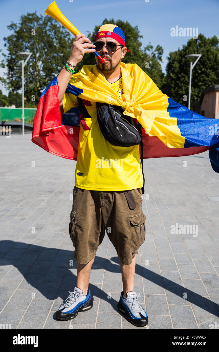 London, UK. 3rd July, 2018. A member of London's Colombian community prepares to support the Colombian national football team in their FIFA 2018 World Cup Last 16 match against England this evening. Credit: Mark Kerrison/Alamy Live News Stock Photo