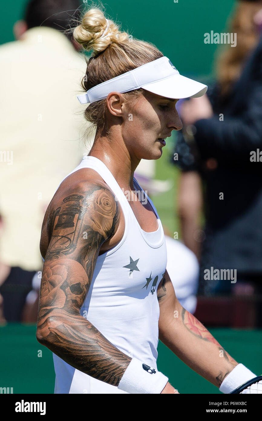 London, UK, 3rd July 2018: Polona Hercog of Slovenia at her tattoo style  during Day 2 at the Wimbledon Tennis Championships 2018 at the All England  Lawn Tennis and Croquet Club in