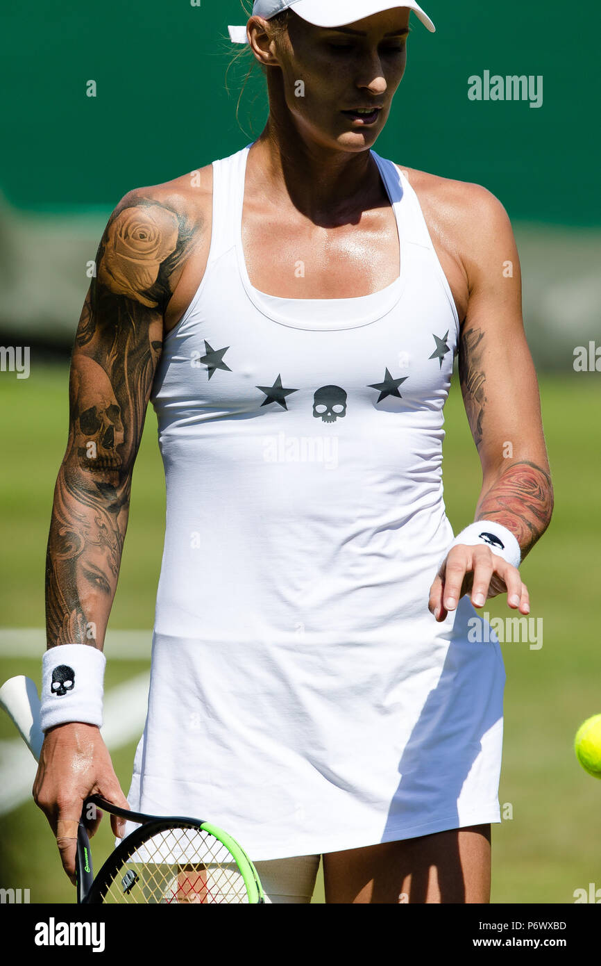 London, UK, 3rd July 2018: Polona Hercog of Slovenia at her tattoo style  during Day 2 at the Wimbledon Tennis Championships 2018 at the All England  Lawn Tennis and Croquet Club in