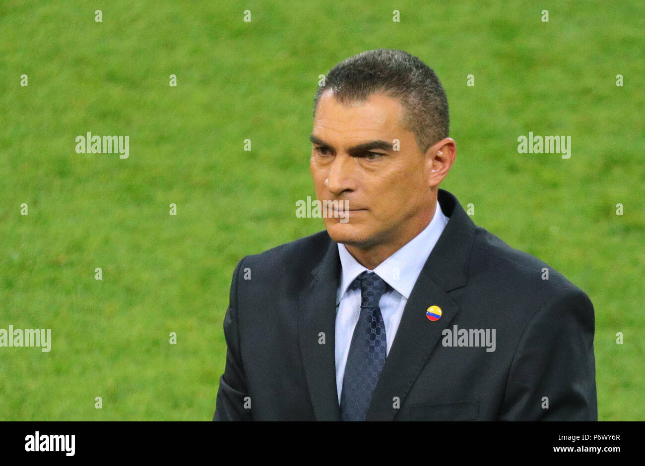 Moscow, Russia. 03rd July, 2018. Soccer: World Cup, Eighth finals, Colombia vs England in the Spartak Stadium. Former Colombian soccer goalkeeper Faryd Mondragon in the stadium ahead of the game. Credit: Christian Charisius/dpa Credit: dpa picture alliance/Alamy Live News/dpa/Alamy Live News Stock Photo
