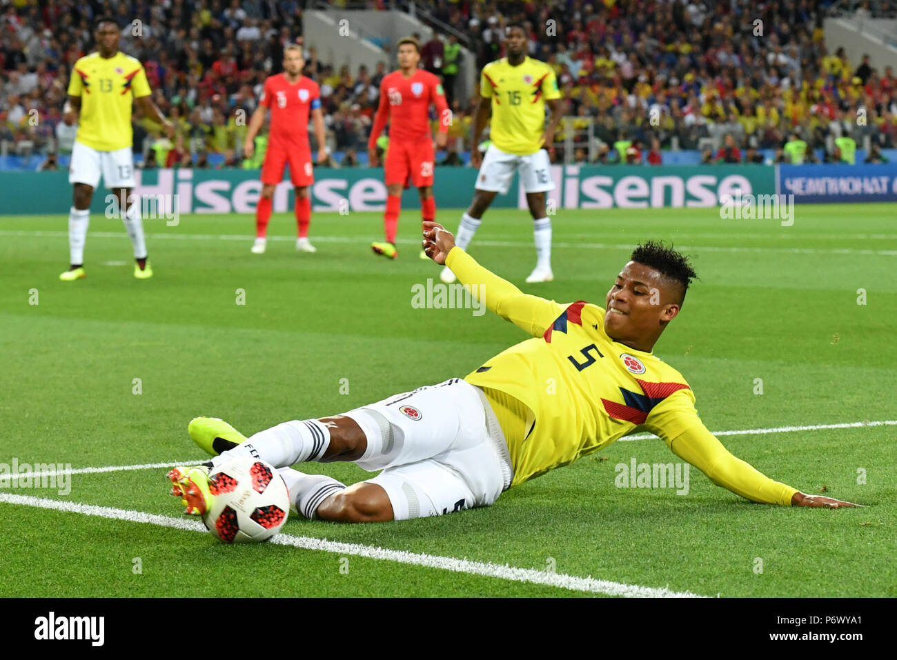 Moscow, Russia. 3rd July, 2018. Wilmar Barrios (front) of Colombia controls the ball during the 2018 FIFA World Cup round of 16 match between England and Colombia in Moscow, Russia, July 3, 2018. Credit: Lui Siu Wai/Xinhua/Alamy Live News Stock Photo