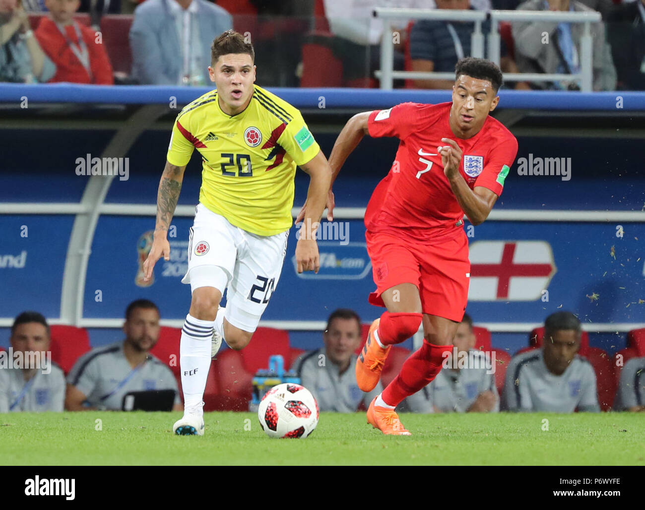 Moscow, Russia. 3rd July, 2018. Jesse Lingard (R) of England vies with Juan Quintero of Colombia during the 2018 FIFA World Cup round of 16 match between England and Colombia in Moscow, Russia, July 3, 2018. Credit: Bai Xueqi/Xinhua/Alamy Live News Stock Photo