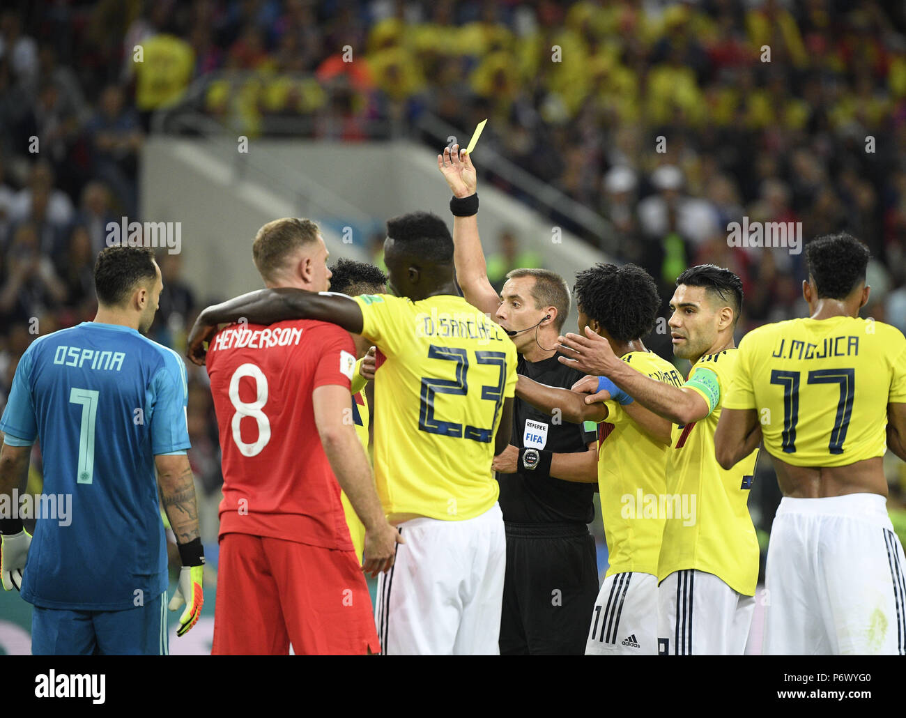 Moscow, Russia. 3rd July, 2018. The referee gives a yellow card to Wilmar Barrios of Colombia during the 2018 FIFA World Cup round of 16 match between England and Colombia in Moscow, Russia, July 3, 2018. Credit: Lui Siu Wai/Xinhua/Alamy Live News Stock Photo