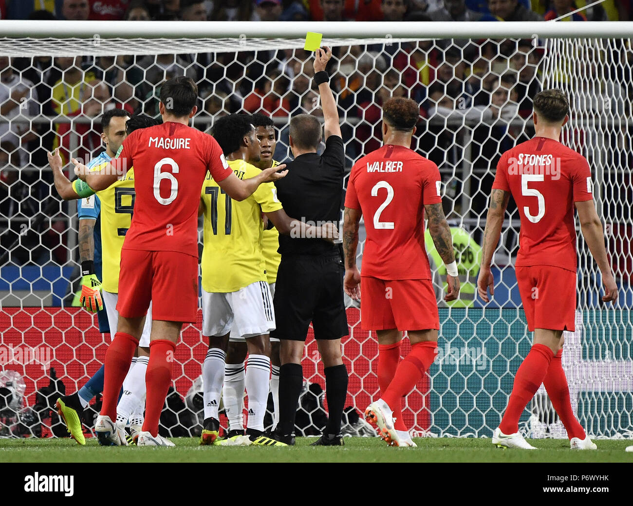 Moscow, Russia. 3rd July, 2018. The referee gives a yellow card to Wilmar Barrios (4th R) of Colombia during the 2018 FIFA World Cup round of 16 match between England and Colombia in Moscow, Russia, July 3, 2018. Credit: He Canling/Xinhua/Alamy Live News Stock Photo