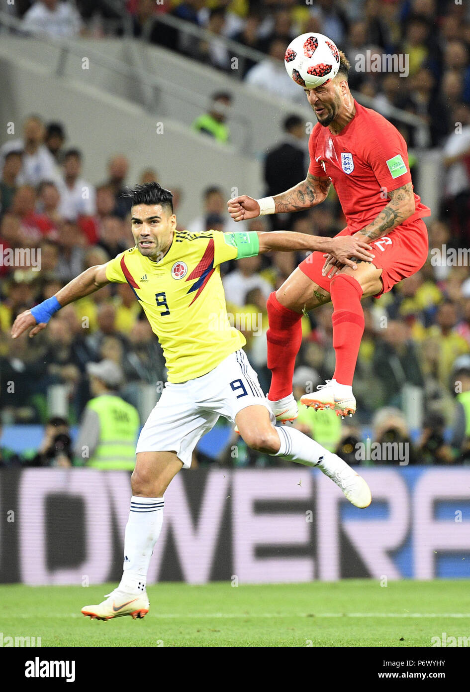 Moscow, Russia. 3rd July, 2018. Kyle Walker (R) of England vies with Radamel Falcao of Colombia during the 2018 FIFA World Cup round of 16 match between England and Colombia in Moscow, Russia, July 3, 2018. Credit: Lui Siu Wai/Xinhua/Alamy Live News Stock Photo